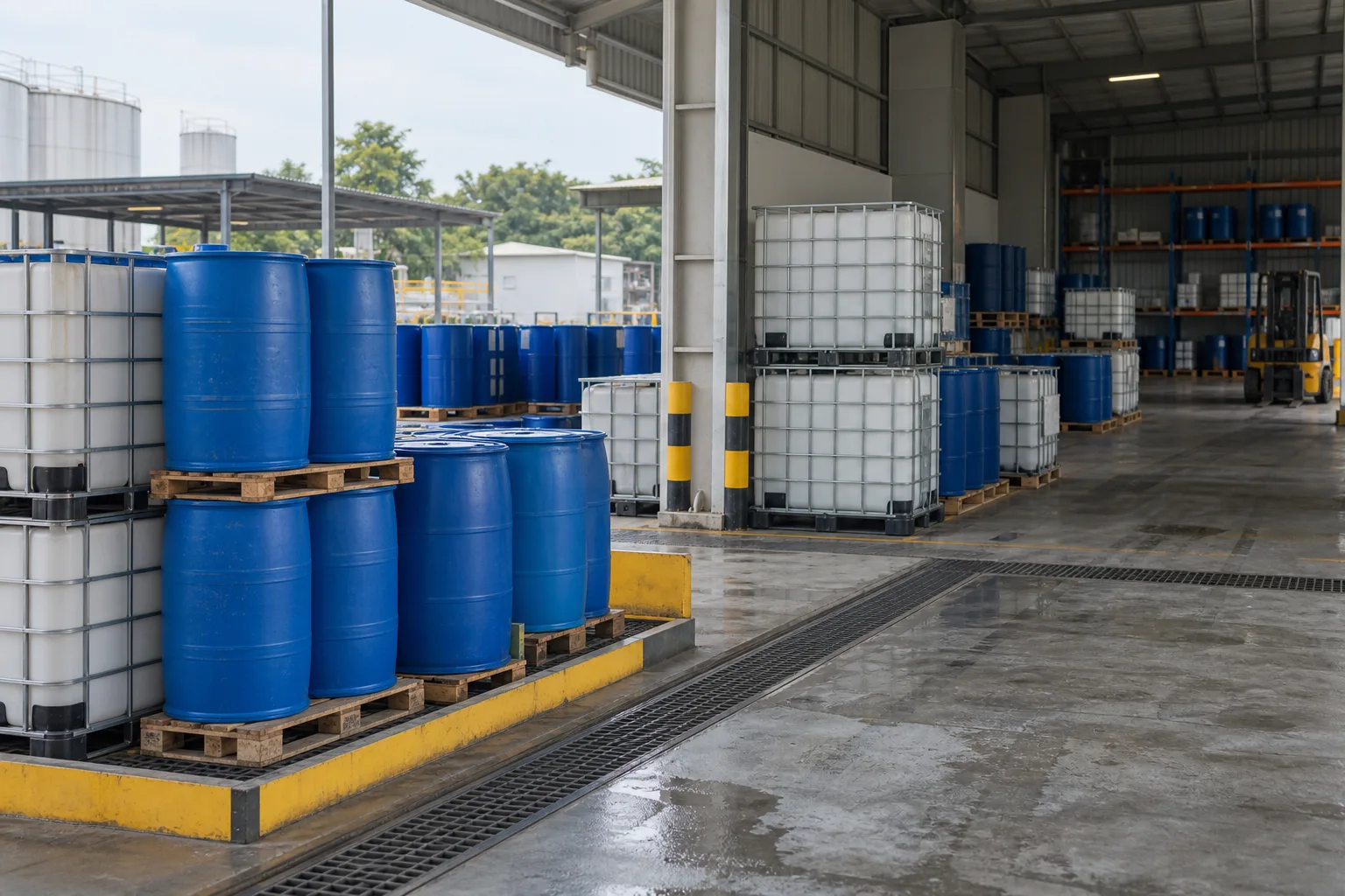 Sealed drums and IBC containers stored in an industrial chemical warehouse.