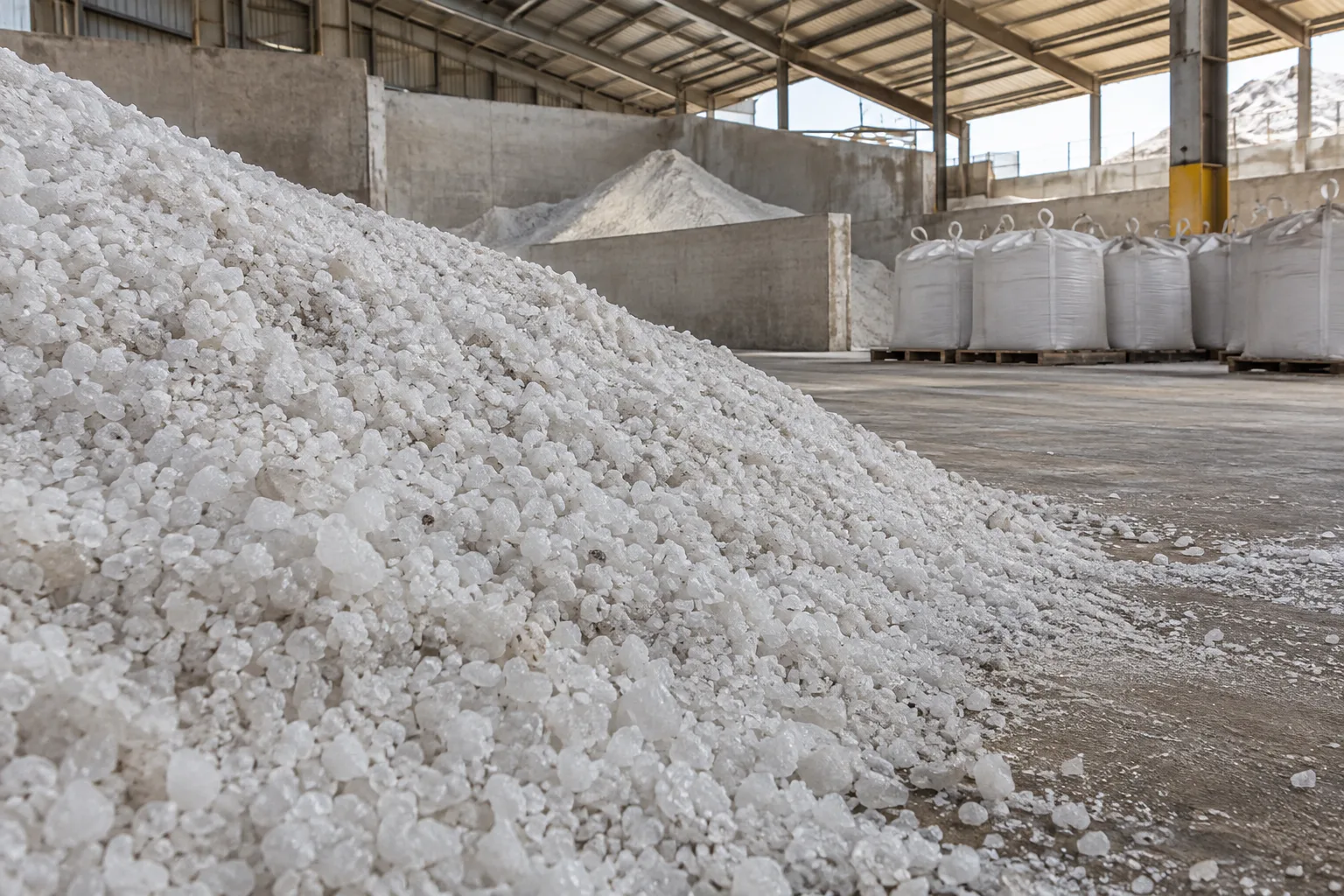 Bulk industrial salt crystals stored in a covered dry-material warehouse.