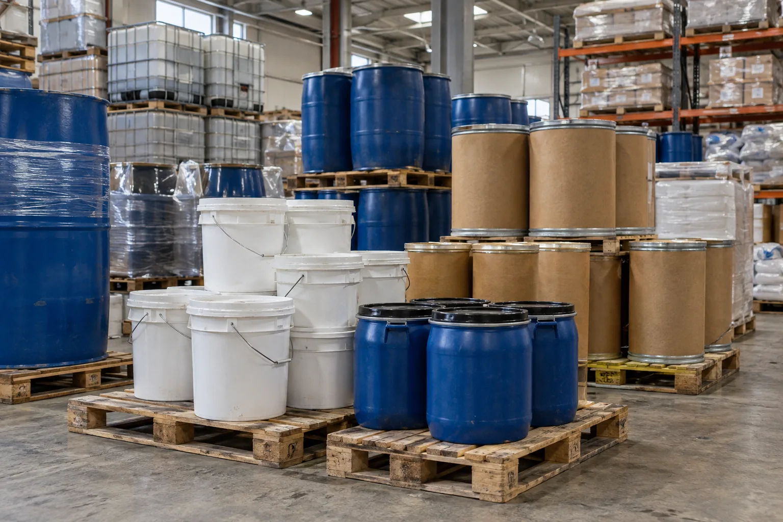 Specialty chemical pails and drums arranged on pallets in a warehouse.