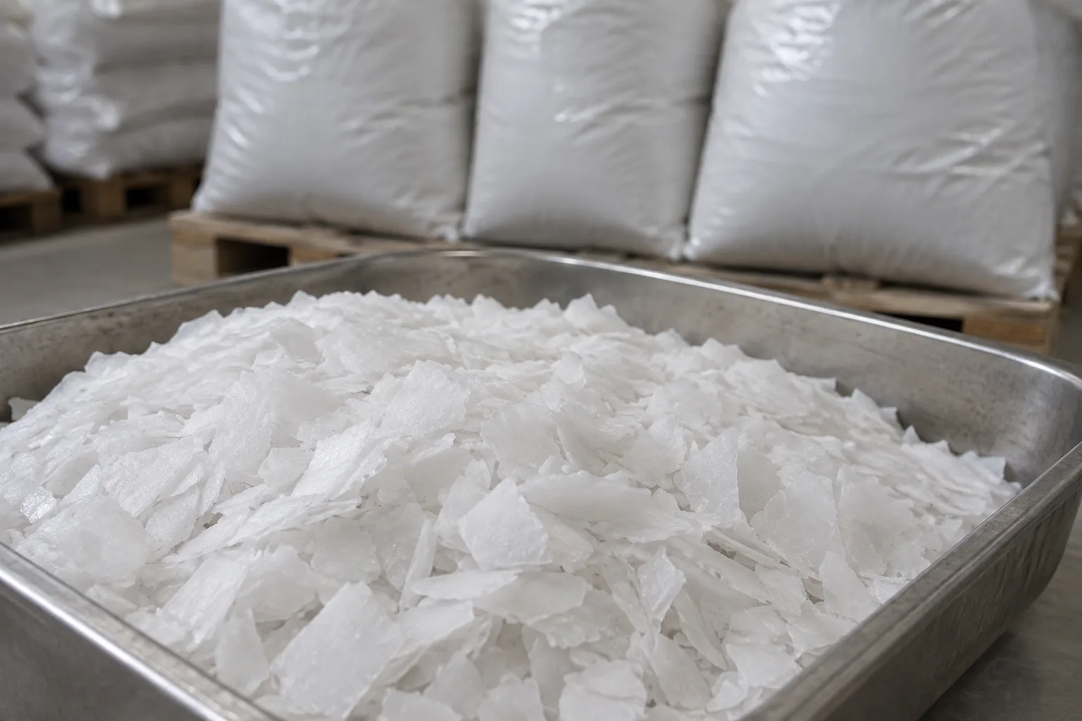 White caustic soda flakes in a stainless-steel sampling tray.