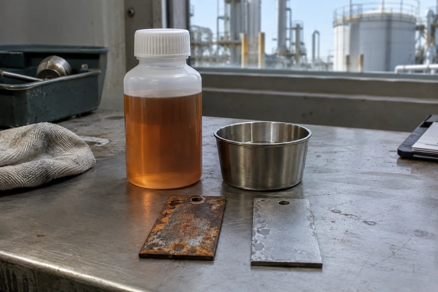 Corrosion inhibitor sample beside untreated and protected steel test coupons.