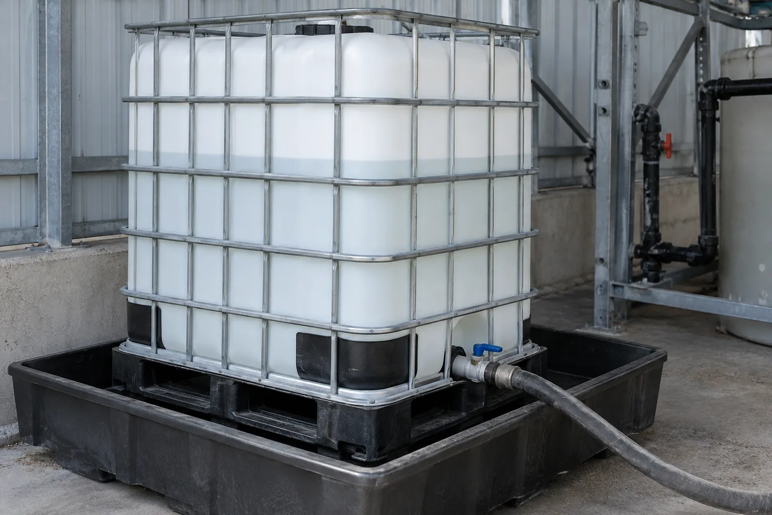 Hydrochloric acid stored in a corrosion-resistant IBC with secondary containment.