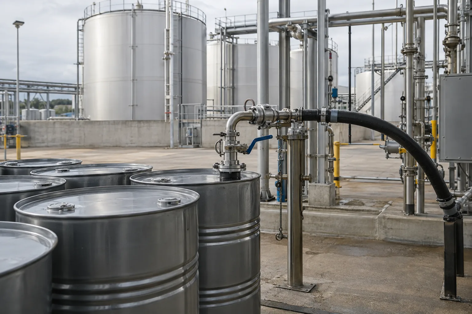 Closed liquid transfer equipment and steel drums at an industrial tank farm.