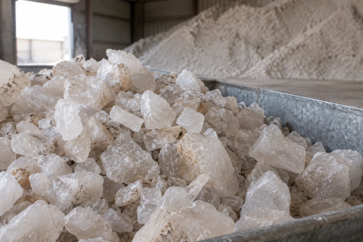 Coarse rock salt crystals prepared in a bulk-material warehouse.