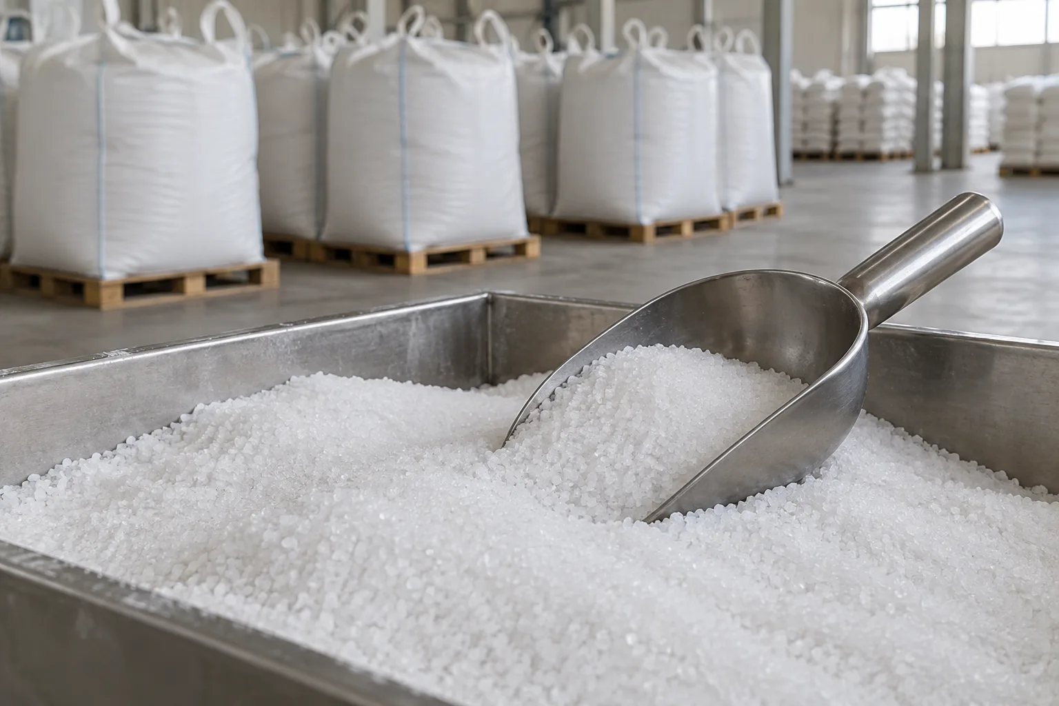 Fine sodium chloride crystals sampled in a dry packing warehouse.