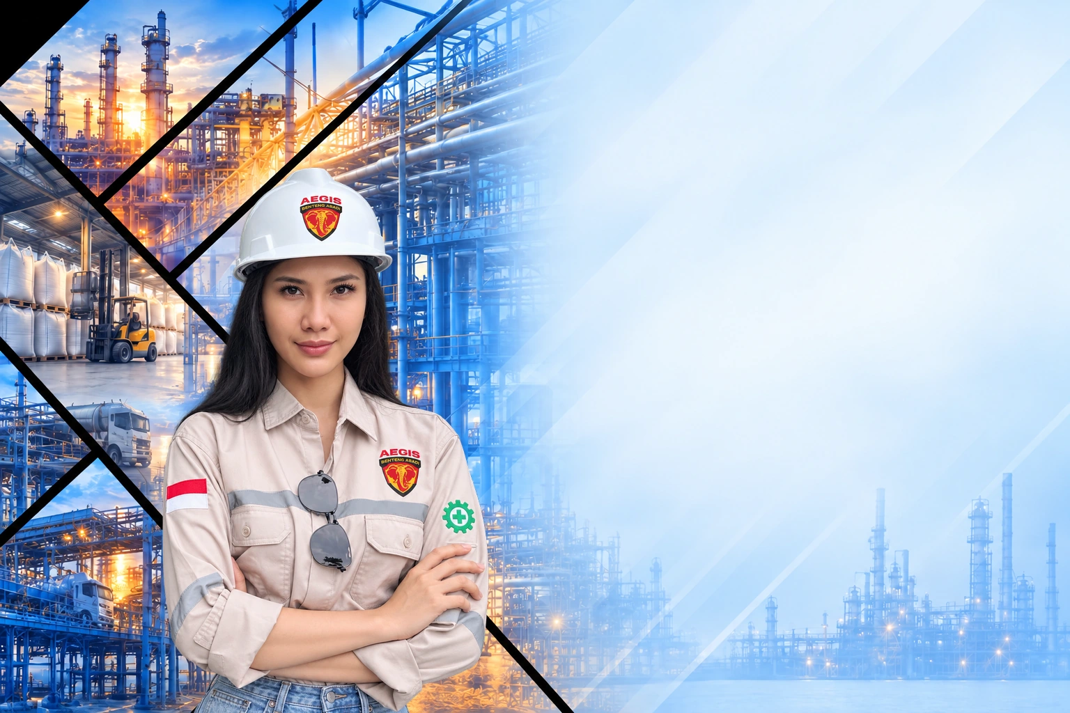 Aegis team member framed by industrial materials operations.