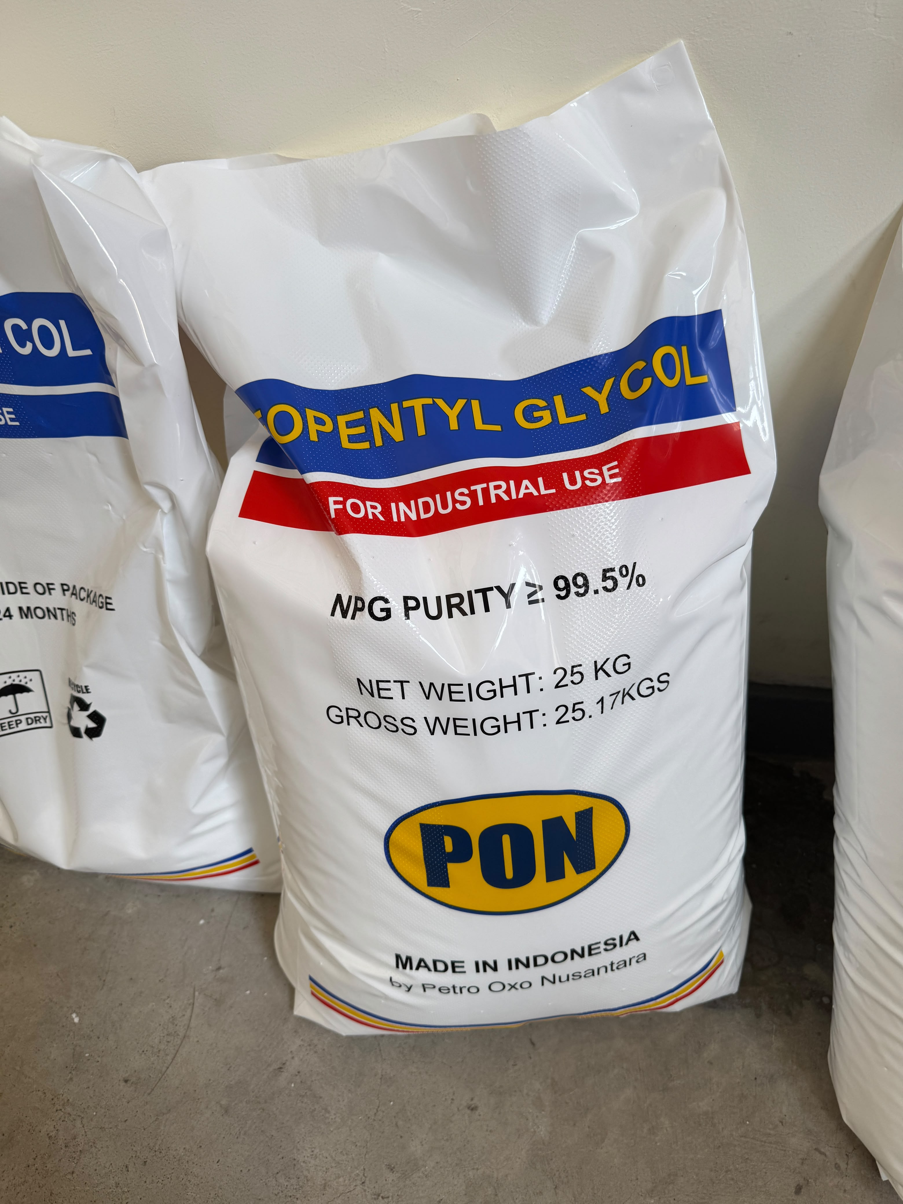 Client-supplied PON packaging reference for Neo Pentyl Glycol (NPG) Flake.