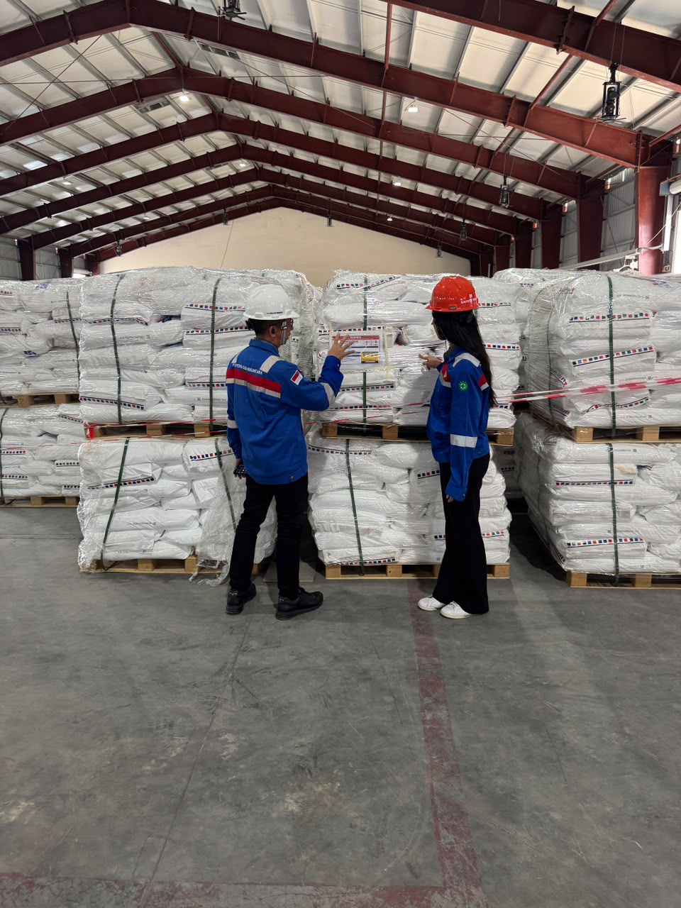 Personnel inspecting palletised NPG bags in a warehouse.