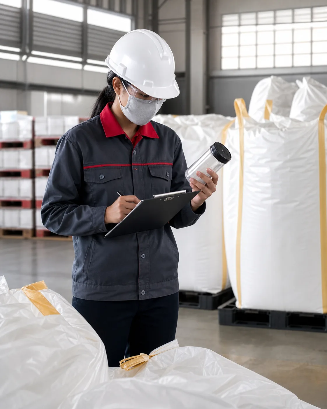 Materials quality inspection in an industrial warehouse.
